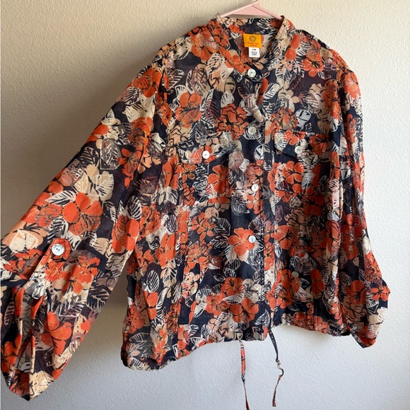 Ruby Rd Floral Sheer Button-Down Blouse - Picture 2 of 9